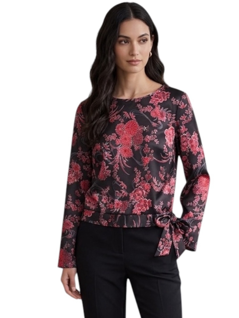 Vintage AGB Satin Floral Boxy Tie Waist Asian Inspired Blouse Size Large